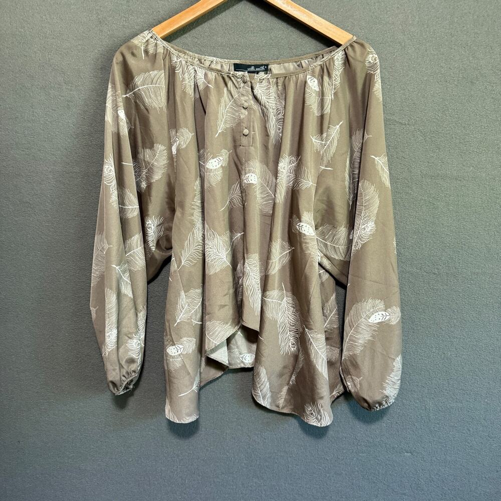 Willi Smith Blouse Size L Beige Long Sleeve Leaf Pattern